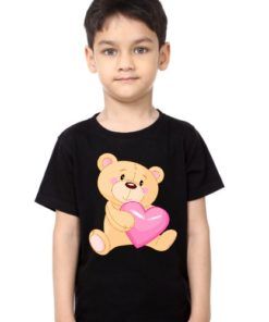 Black Boy Teddy hug pink heart Kid's Printed T Shirt