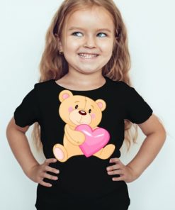Black Girl Teddy hug pink heart Kid's Printed T Shirt