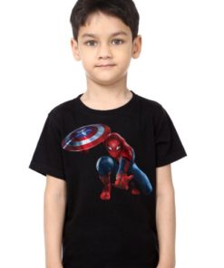 Black Boy Spiderman with captain america's shield Kid's Printed T Shirt