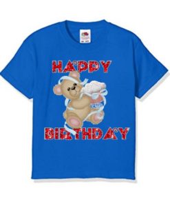 Blue Teddy With Happy birthday quote Kid's Printed T Shirt