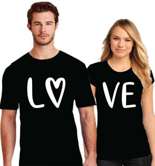 Love Printed Couple Black T-Shirt