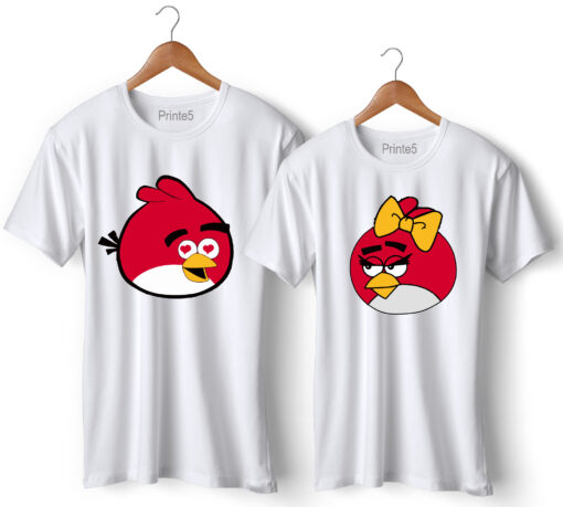 Angry Bird Printed Couple White T-Shirt