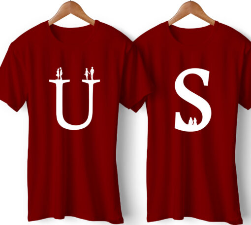 US Printed Couple Maroon T-Shirt