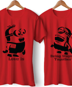 Love is Being Stupid Together Printed Red Couple T-Shirt