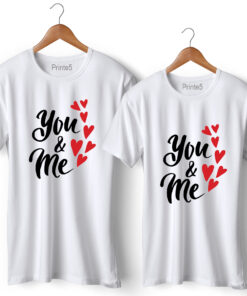 You & Me Printed White Couple T-Shirt