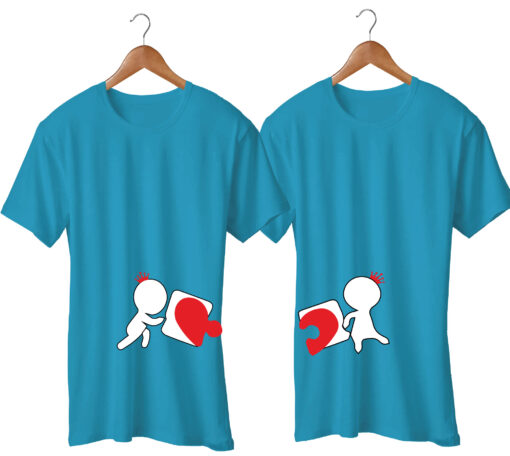 Love Puzzle Printed Blue Couple T-Shirt