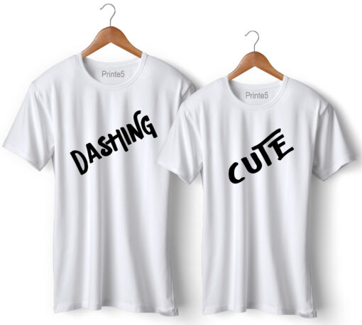 Dashing Cute Printed White Couple T-Shirt